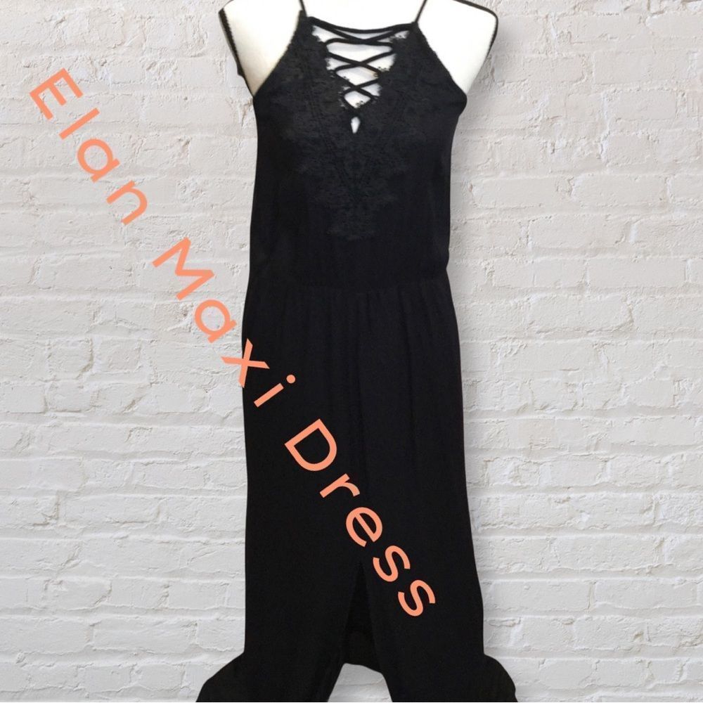 NWT, Elan Black Maxi Dress w/Centered Split Leg and Crocheted Laced Top - Small - Picture 2 of 9